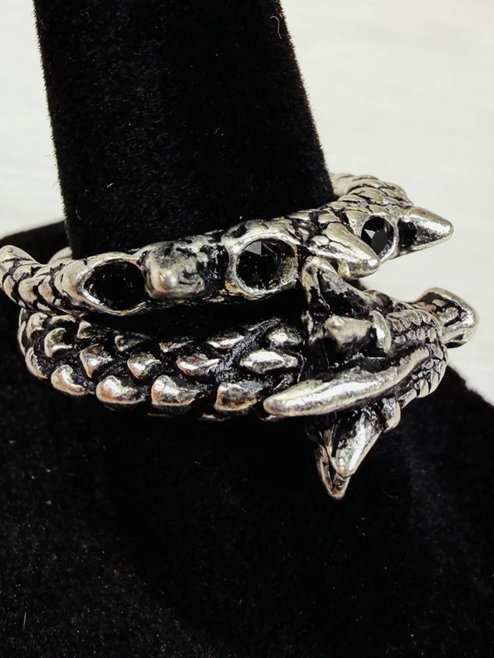 Beautiful silvertone, black bling, dragon coil costume ring